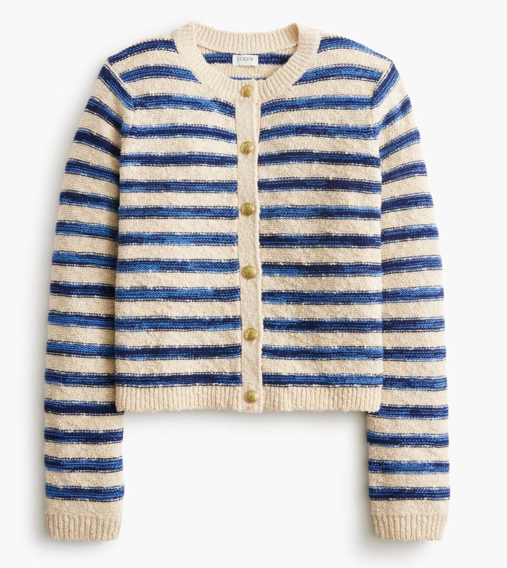 J. Crew Striped Slub Crewneck Cardigan Sweater Cream Blue Large